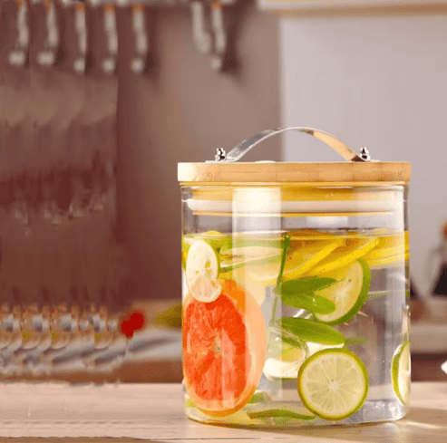 Glass Drink Jar with Wooden Stand and Tap Beverage Dispenser for Home